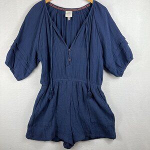 Knox Rose Womens Navy Blue Gauze V-Neck Romper Shorts Size L Puff Sleeve